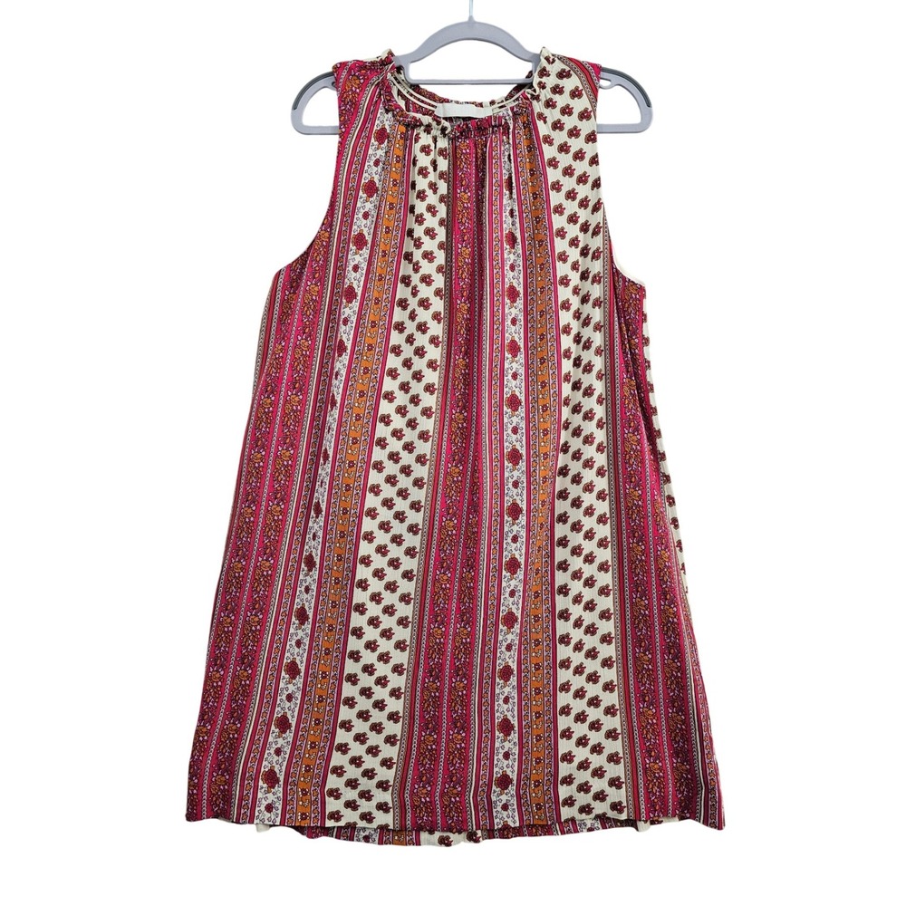 Kain Label Tank Top Women L Pink Floral Stripe Boho Ruffle Neck Sleeveless Rayon